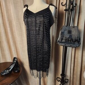 La Class Beaded Crochet Mesh Dress Black Sheer Festival Cover Up Whimsigoth S/M